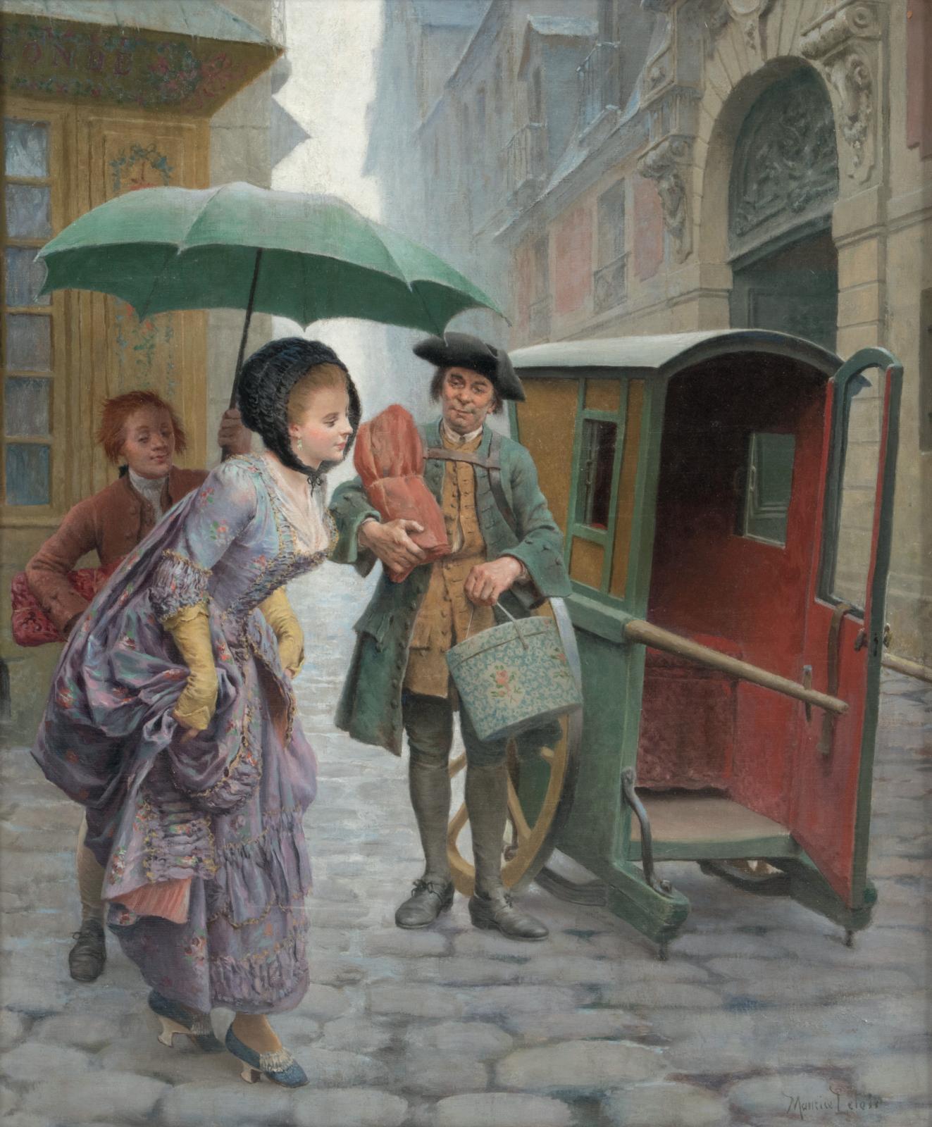 Maurice Leloir (1853-1940), Élégante montant dans une chaise à porteurs, huile sur toile, 61 x 50 cm.Paris, Drouot, 26 juin 2015. Tessier & Sarrou et 