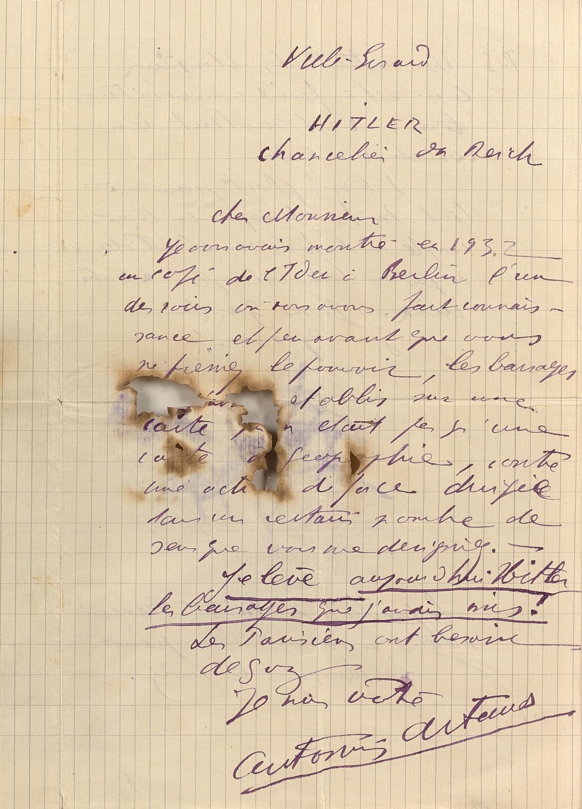 Antonin Artaud (1896-1948), Lettre-sort autographe signée à Hitler chancelier du Reich, Ville-Évrard, deux pages in-8°à l’encre, enveloppe conservée, 