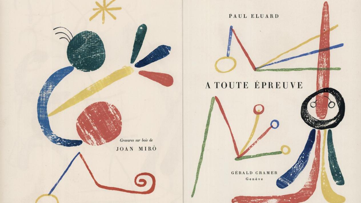 Joan Miró, À toute épreuve (pages 16-17), 1958, xylographie en couleur et typographie,... Gérald Cramer et ses artistes