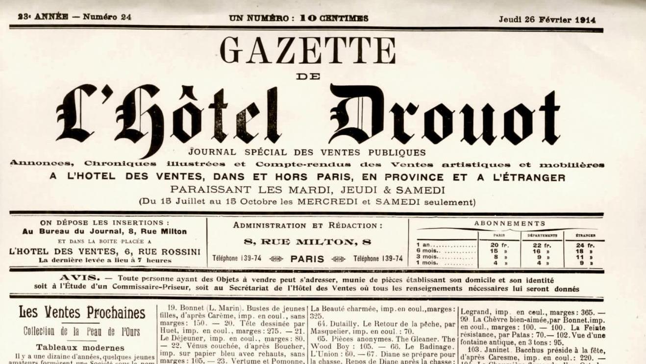 La Gazette du 26 février 1914, annonçant la dispersion de la collection de La Peau... Investir dans une œuvre d’art