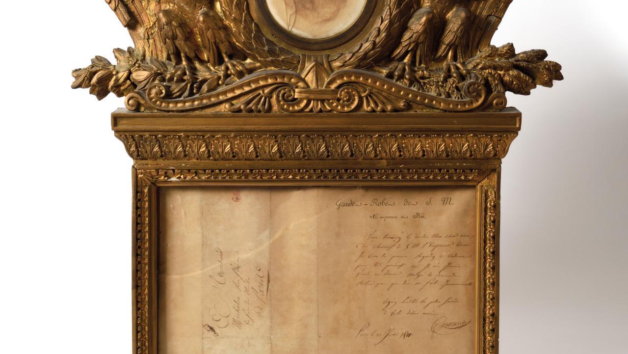 Lock of Napoleon I's hair and letter of provenance dated 1811, under glass in a gilt... Napoleon's DNA
