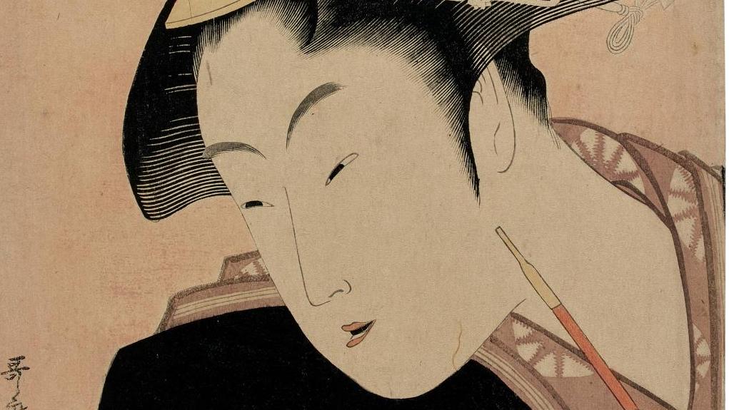 Kitagawa Utamaro (1753 ?-1806), L’Amour caché (Fukaku shinobu koi) de la série Anthologie... Délicat amour micacé d’Utamaro