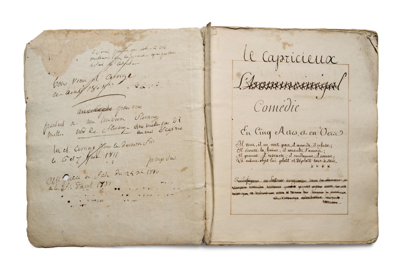 Le Capricieux Comédie en cinq actes et en vers, 1 vol in-8°, [156] pages manuscrites. Estimation : 30 000/40 000 €.