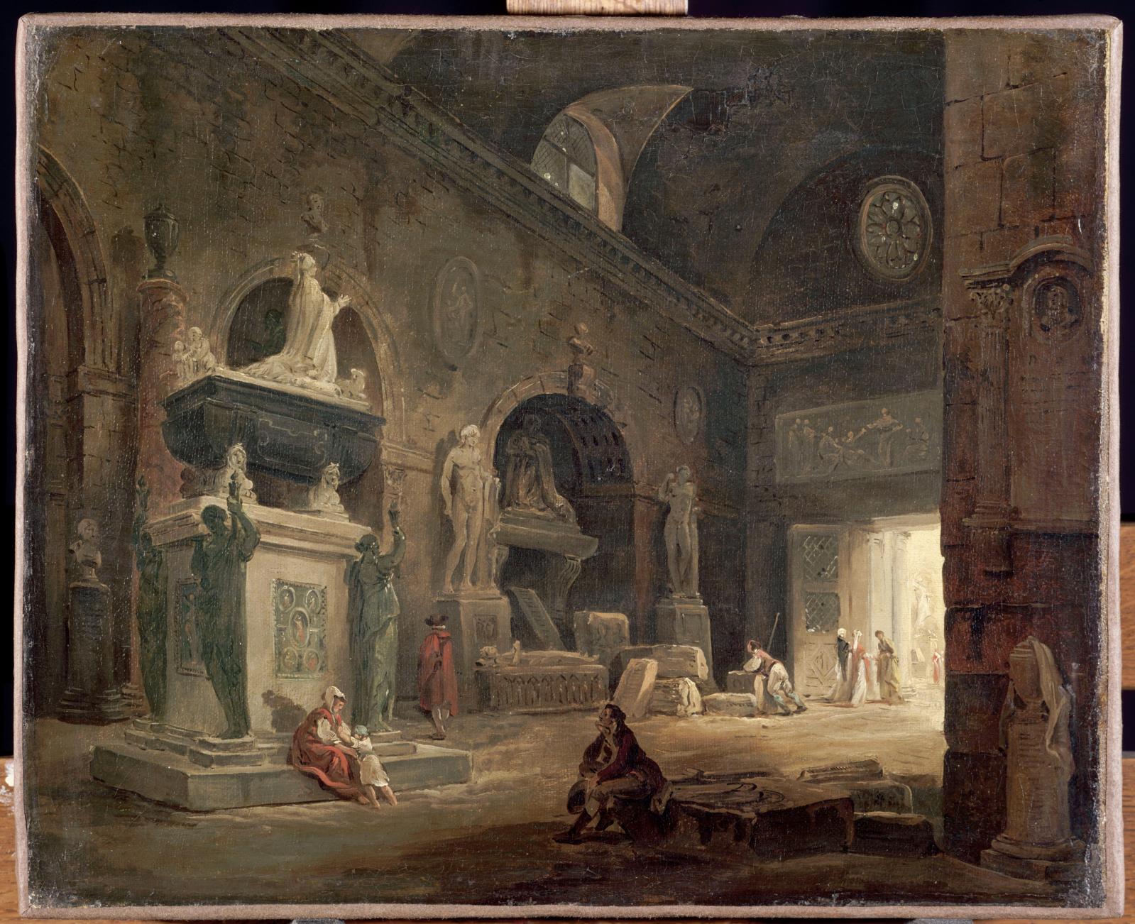 Hubert Robert (1733-1808), Vue de la salle d’introduction avant les aménagements de 1801, département des peintures, musée du Louvre (détail). 