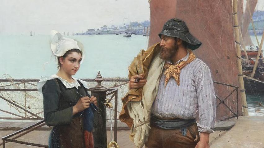 Alfred Guillou (1844-1926), Avant embarquement, à Concarneau, huile sur toile, 120 x 84,5 cm... Alfred Guillou, peintre naturaliste