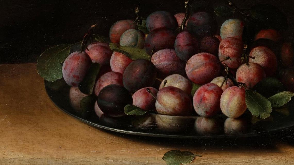 Louyse Moillon (vers 1610-1696), Nature morte de quetsches, huile sur panneau de... Voici des fruits, des fleurs, des feuilles… et des portraits