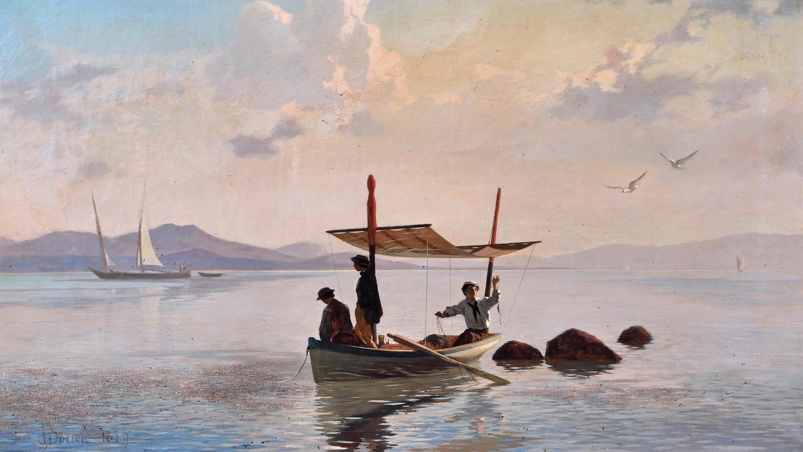 François Bocion (1828-1890), Partie de pêche au large de Dorigny, 1859, huile sur... Partie de pêche sur le lac Léman par Bocion