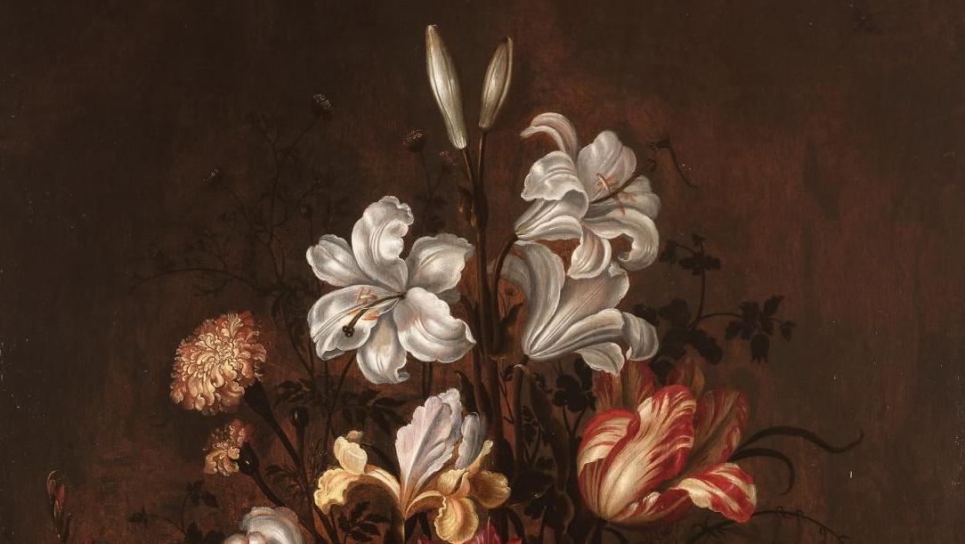 Abraham Bosschaert (1612/13-1643), Bouquet de fleurs dans un vase posé sur un entablement,... Dans la famille Bosschaert, le fils Abraham