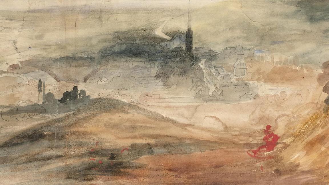 Paul Huet (1803-1869), Vue d’Honfleur, aquarelle, 28 x 58 cm. Adjugé : 10 128 €  Variété et curiosité