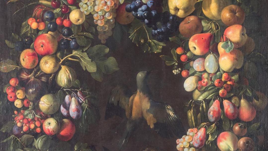 Attribuées à Frans Snyders (1579-1657), Guirlandes de fruits, oiseaux au centre et... Les Subes en leur château