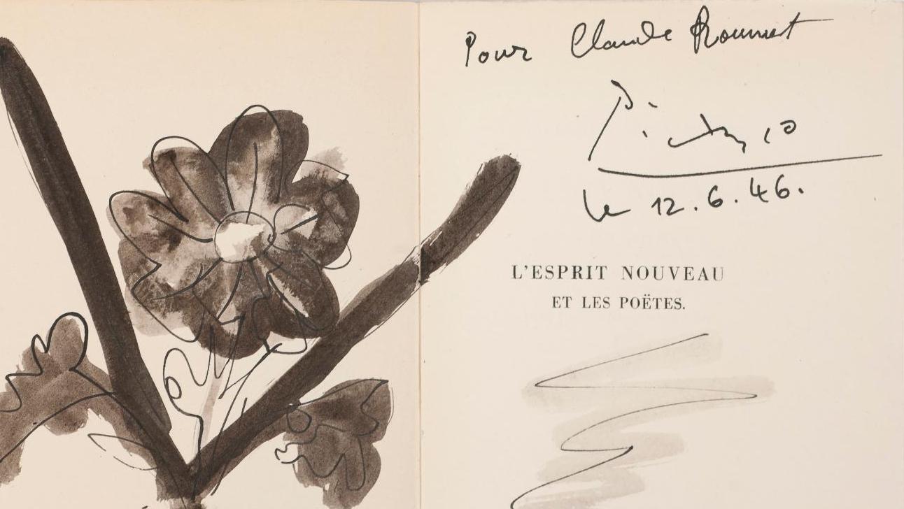 Pablo Picasso (1881-1973), Fleur dans un vase, 1946, lavis sur trait d’encre dédicacé... Les fleurs de l’amitié de Picasso