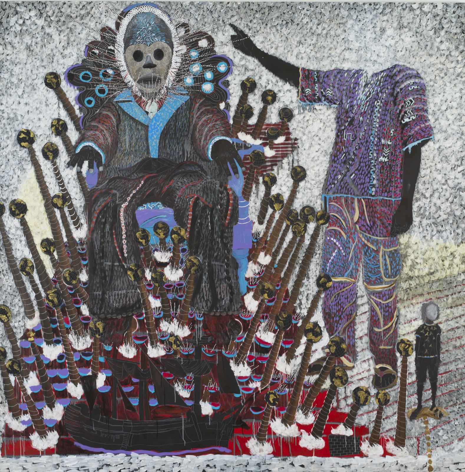 Omar Ba (né en 1977), Promenade masquée 2, 2016, huile, acrylique, gouache et crayon sur toile, 200 x 200 cm. Galerie Templon. Courtesy Galerie Daniel