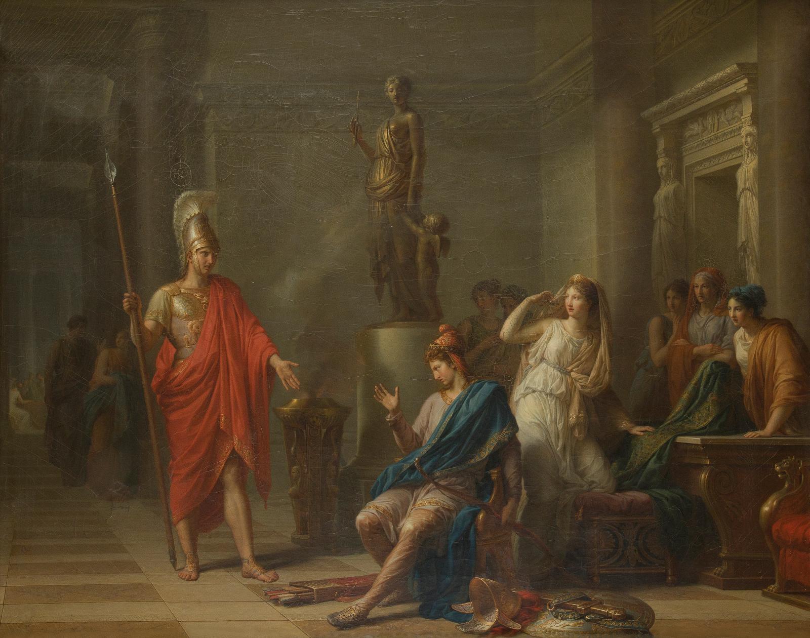 Jean-Charles Nicaise Perrin (1754-1831), Hector dans le palais d’Hélène, reprochant à Pâris sa lâcheté et lui annonçant le combat singulier, huile sur