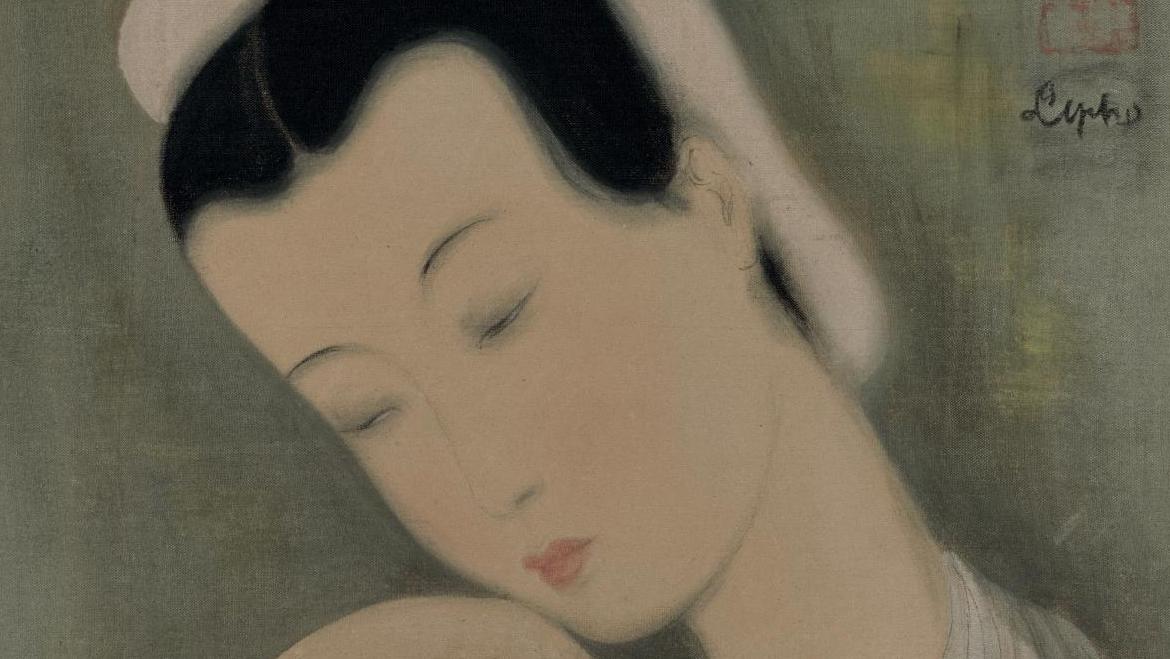 Lé Phô (1907-2001), Jeune femme, encre et couleurs sur soie marouflée sur carton,... Lé Phô, la grâce vietnamienne