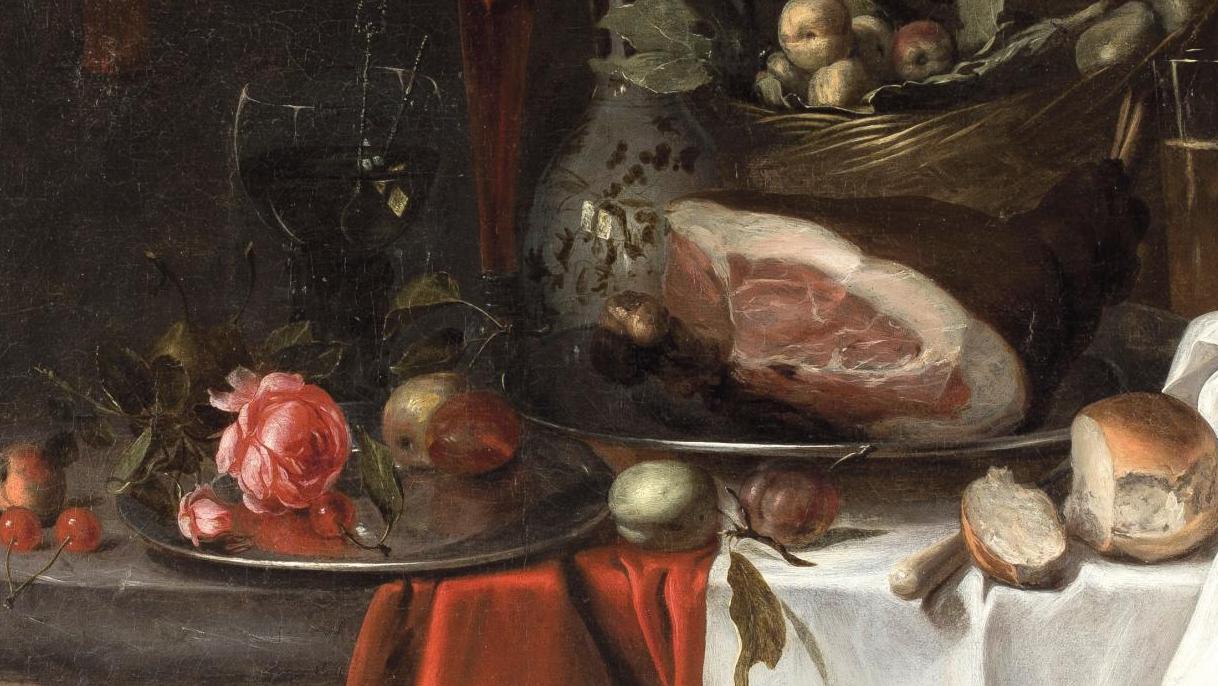 Attribué à Joris Van Son (1623-1667), Jambon, panier de fruits et verrerie sur un... Les beautés silencieuses