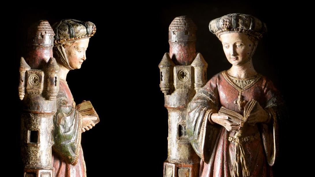 Picardie, début du XVIe siècle. Sainte Barbe, noyer sculpté, polychrome et doré,... Barbe, vierge et martyre à la manière picarde 