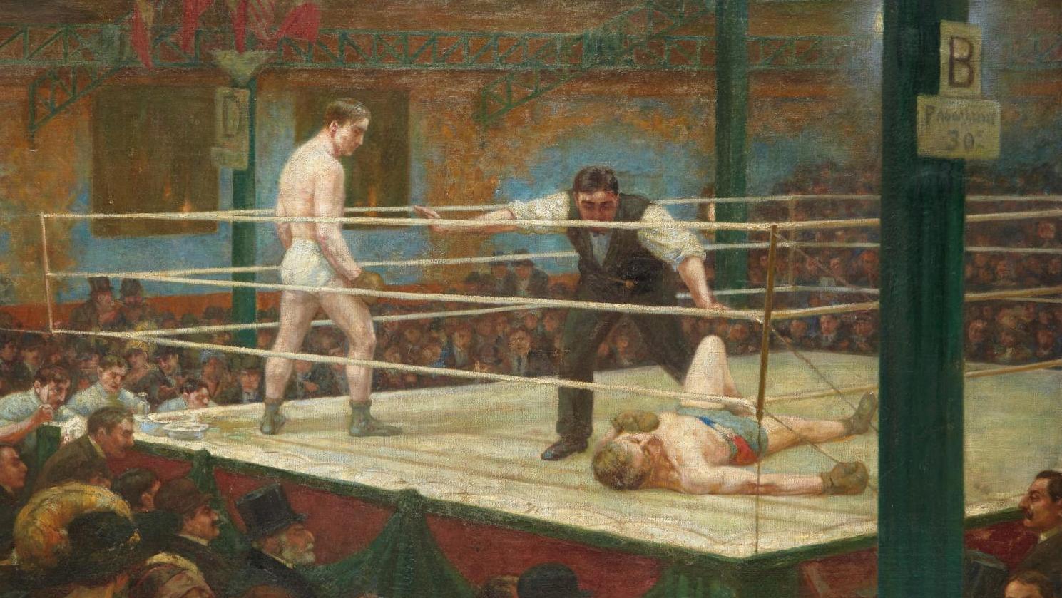 Louis Floutier (1882-1936), Combat de boxe au Wonderland, 1911, huile sur toile,... Victoire sur le ring pour Louis Floutier