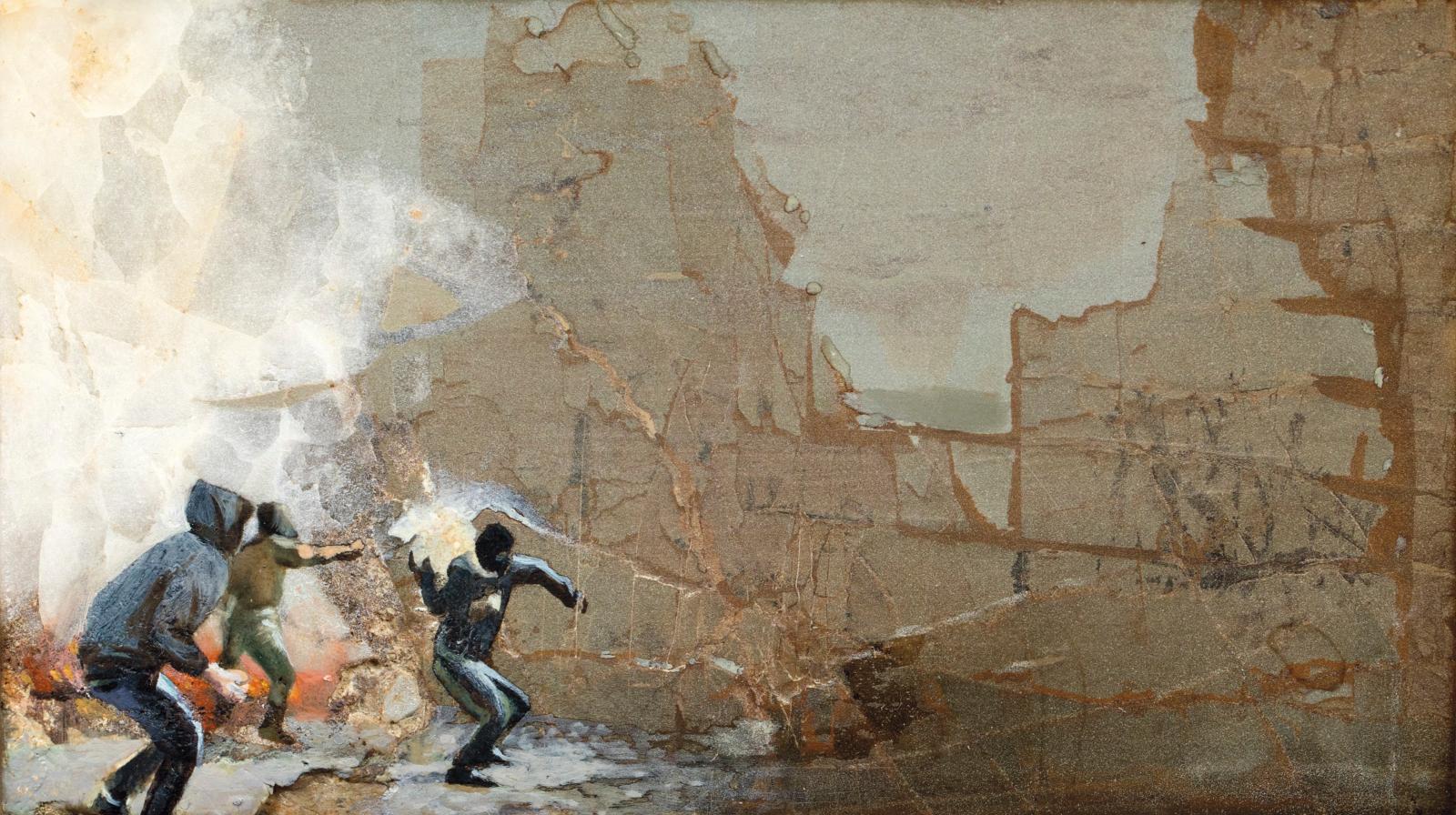 Pierre de Mougins, Lutte à Paris, 2015, peinture sur paesina, 6 x 10 cm. 