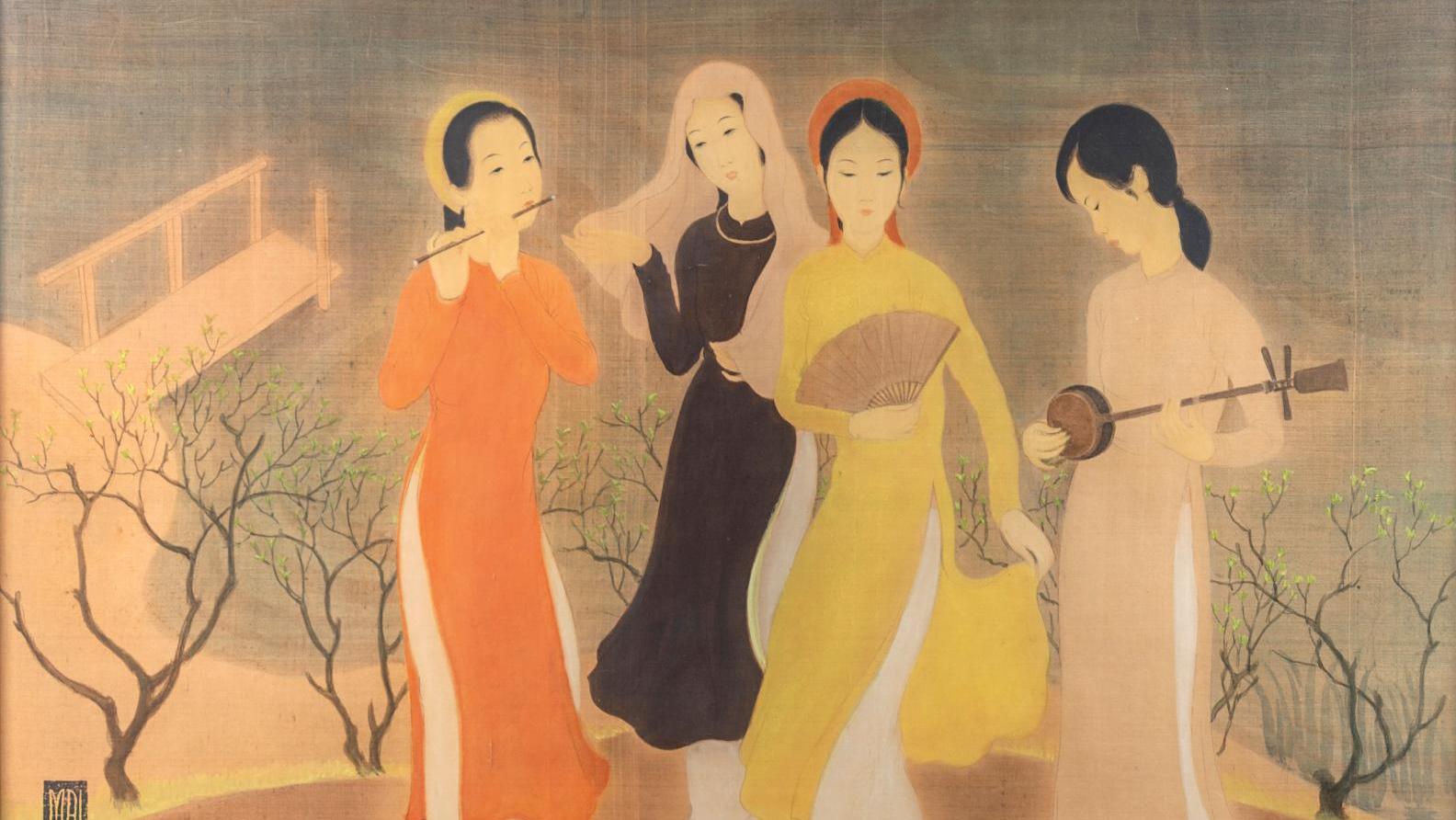 Mai Trung Thu or Mai Thu (1906-1980), Jeunes musiciennes danseuses dans un jardin... A Fine Score for an Intimist Scene by Mai-Thu 