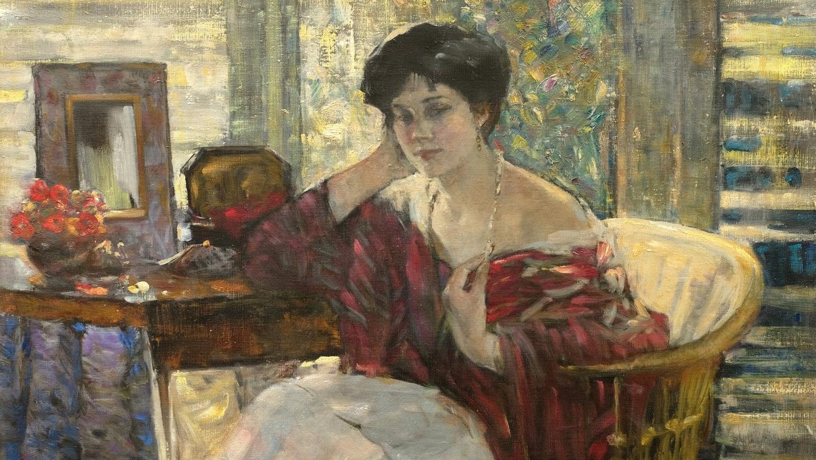 Richard Edward Miller (1875-1943), Young woman with a necklace, oil on canvas, 73... Neo-Impressionism on Either Side of the Atlantic