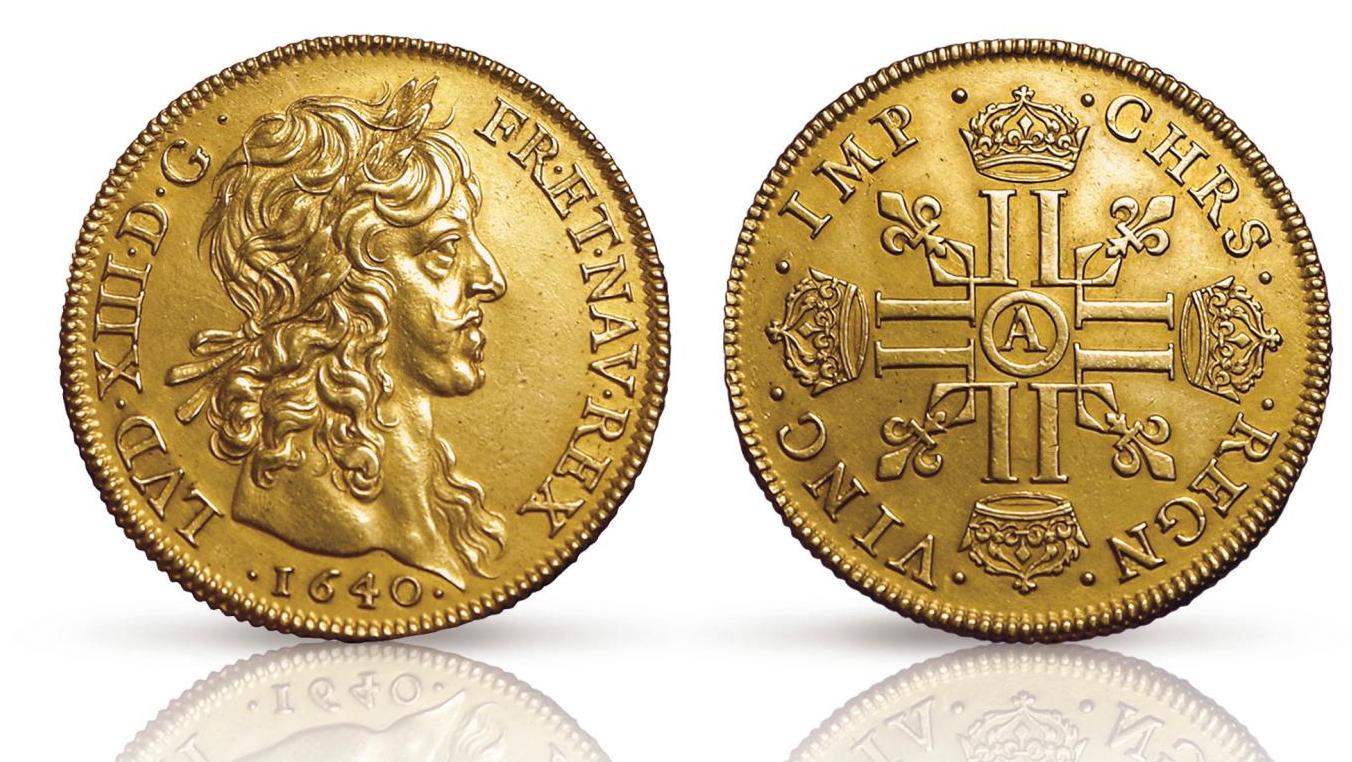 Louis XIII (1610-1693), 4 louis, 1640, Paris. poids 26,86 g. Estimation : 70 000... Suprême récompense royale
