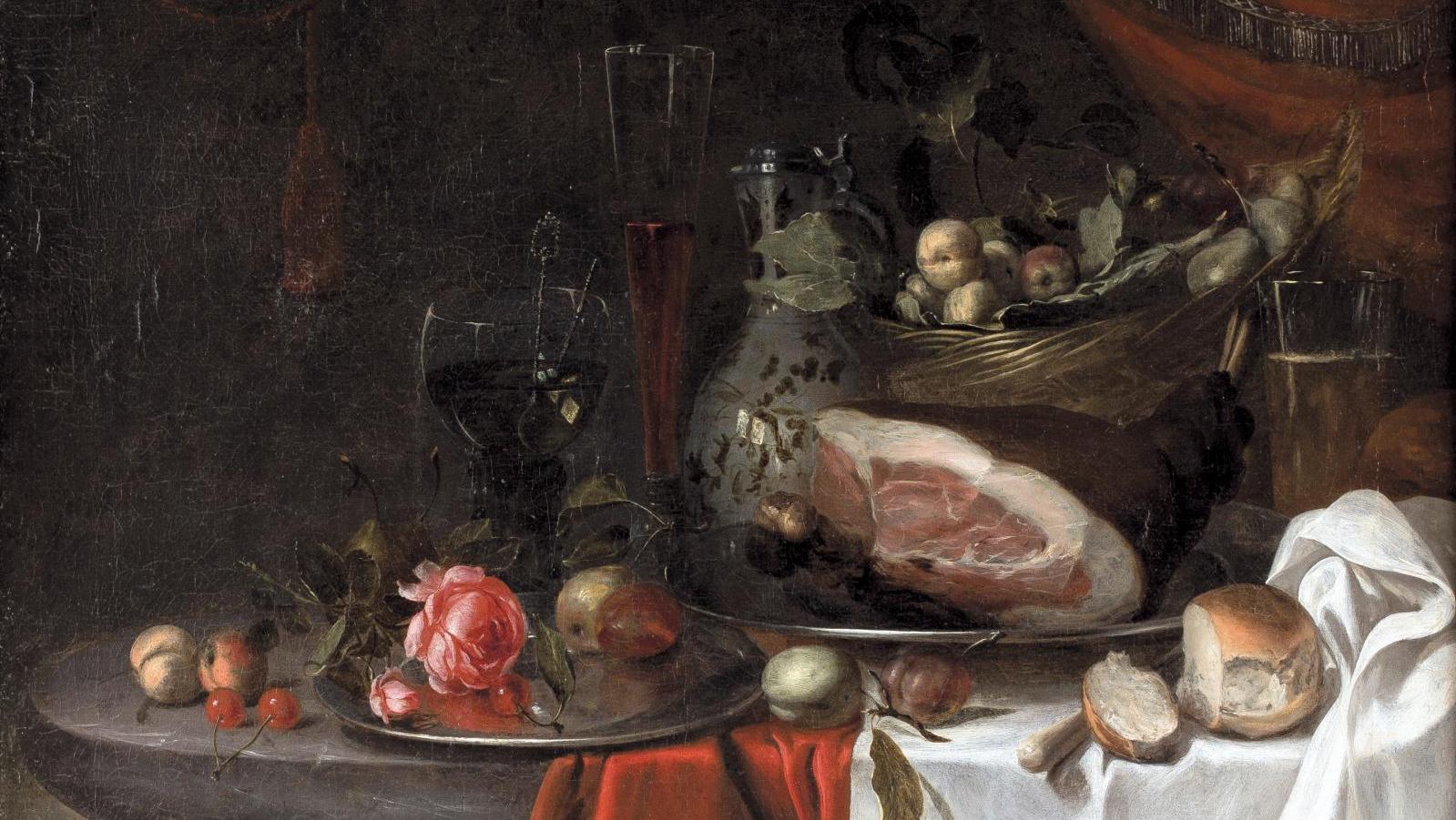 Attribué à Joris Van Son (1623-1667), Jambon, panier de fruits et verrerie sur un... Des tables flamandes au paradis italien