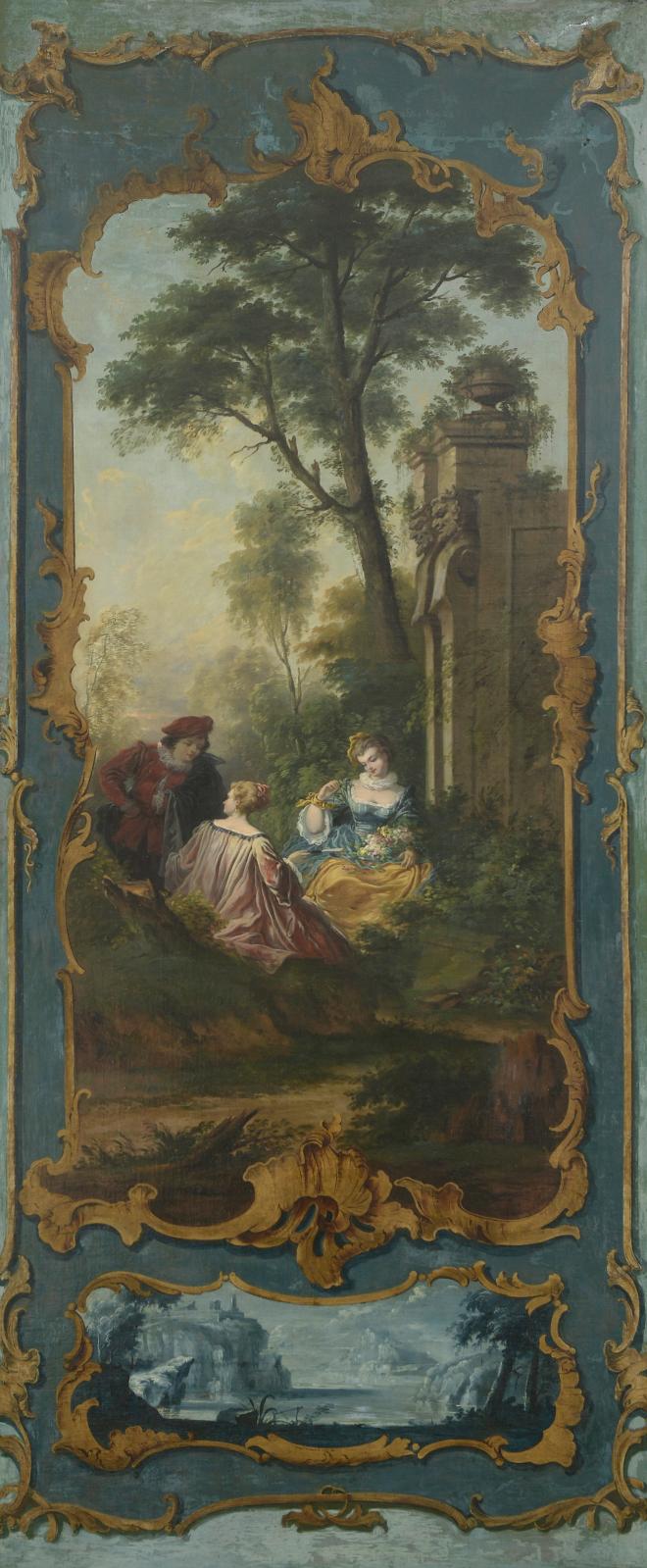 French 19th century school, romantic scenes in Rococo cartouches, set of nine panels, without frames, three measuring 292.5 x 96 cm, and six 292.5 x 1