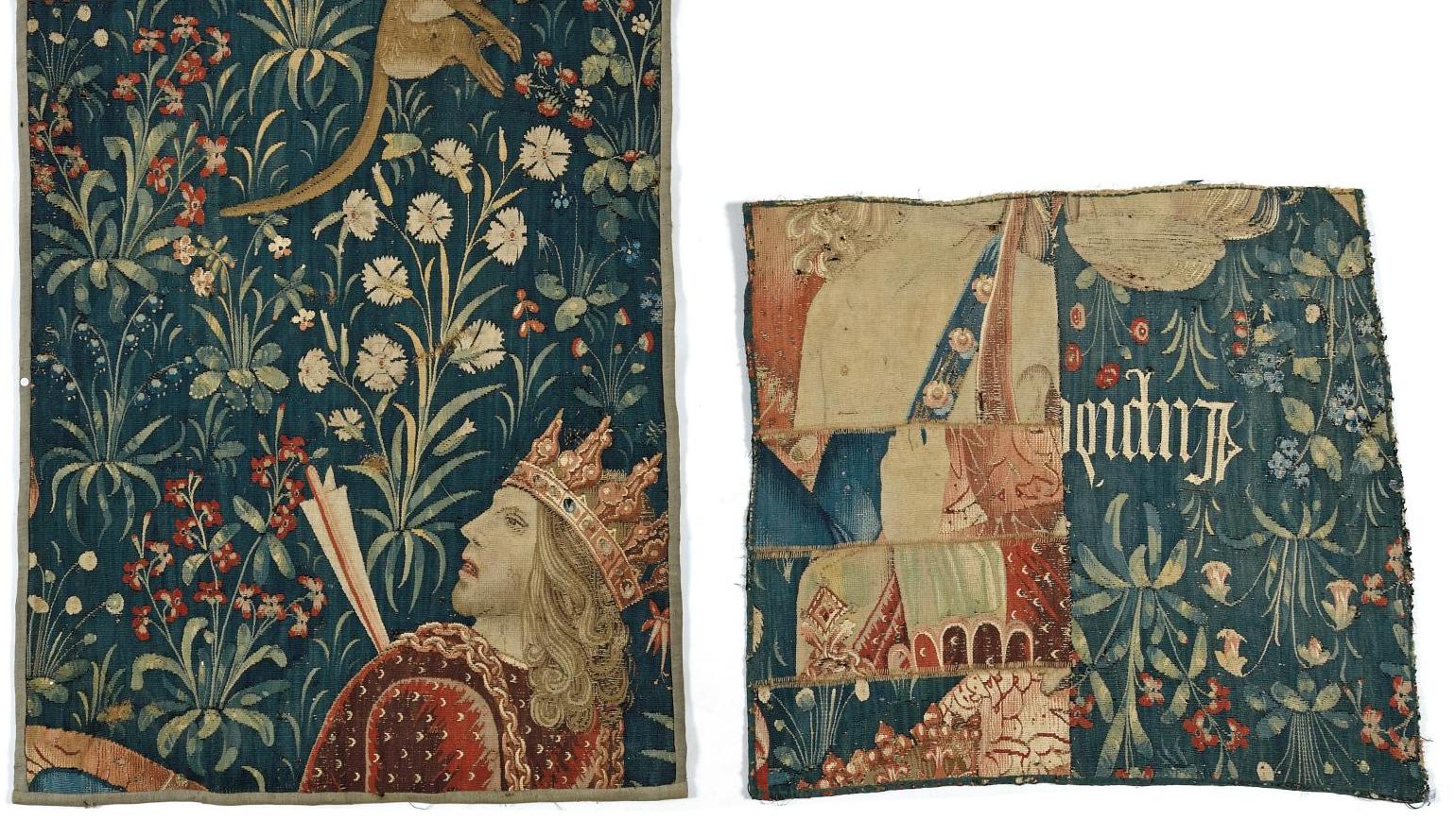 Pays-Bas du Sud, début XVIe. Deux fragments d’une tapisserie mille-fleurs figurant... Lissiers des Flandres et ébénistes parisiens