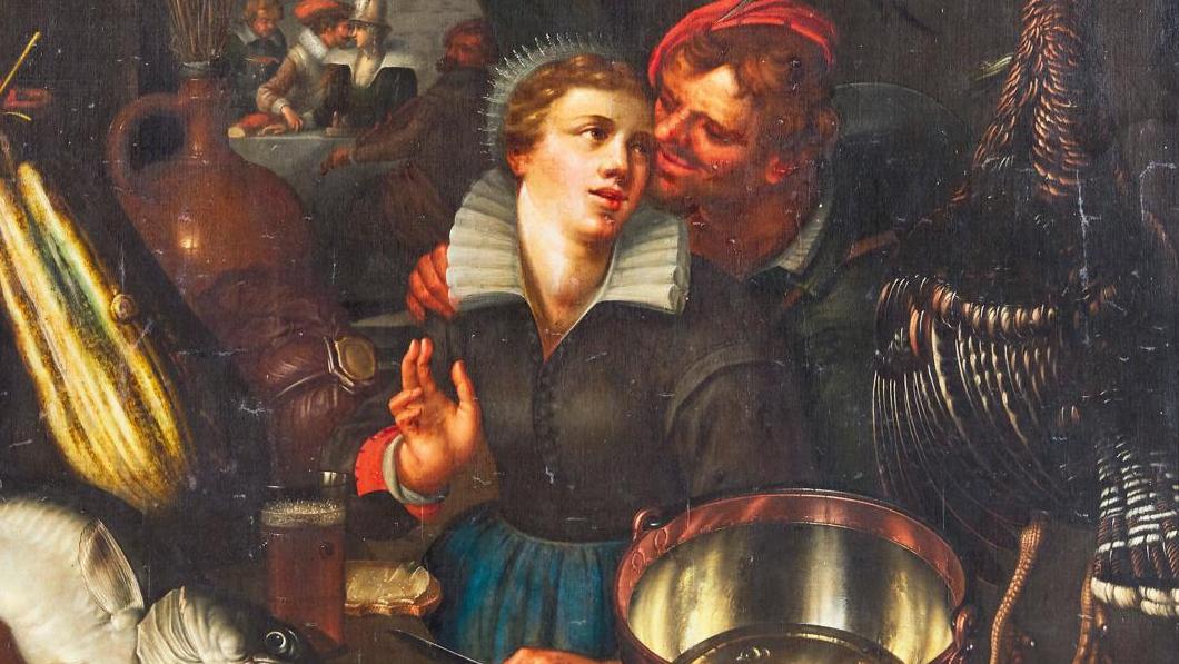 Cornelis Jacobsz Delff (1570-1643), Intérieur de cuisine, huile sur toile, 111 x 181 cm.... Amours en cuisine