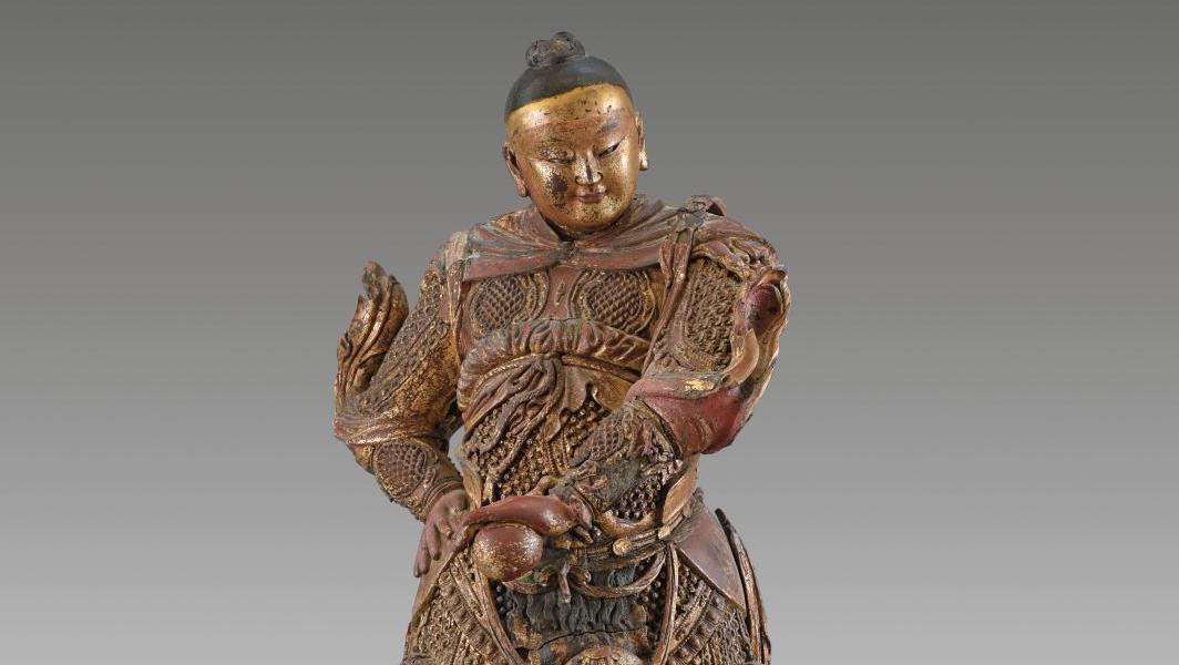 China, 17th century, Transition period, Buddhist temple guardian in carved wood covered... Arts of China and Japan: The Sacred and the Intimate 
