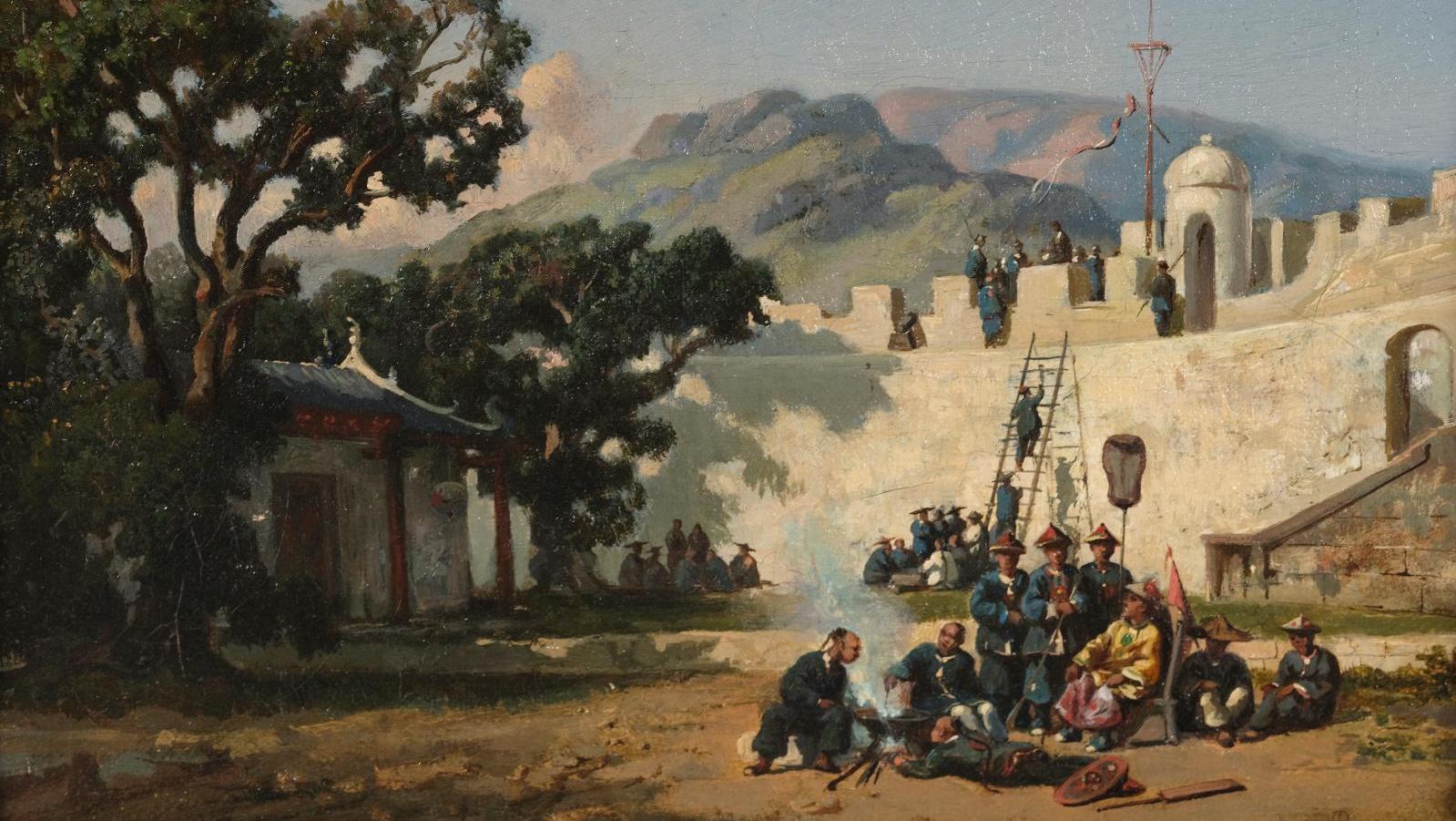 Auguste Borget (1809-1877), Scène de garnison en Chine, huile sur toile, 19 x 27 cm.... La Chine vécue par Auguste Borget