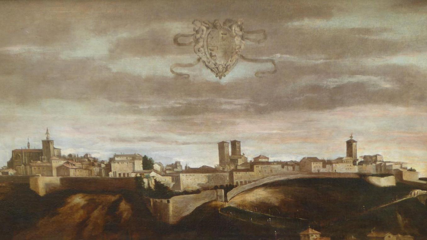 Juan Bautista Martinez del Mazo (c. 1612-1667), View of Pamplona, oil on canvas,... A Rarity in France…and Navarre
