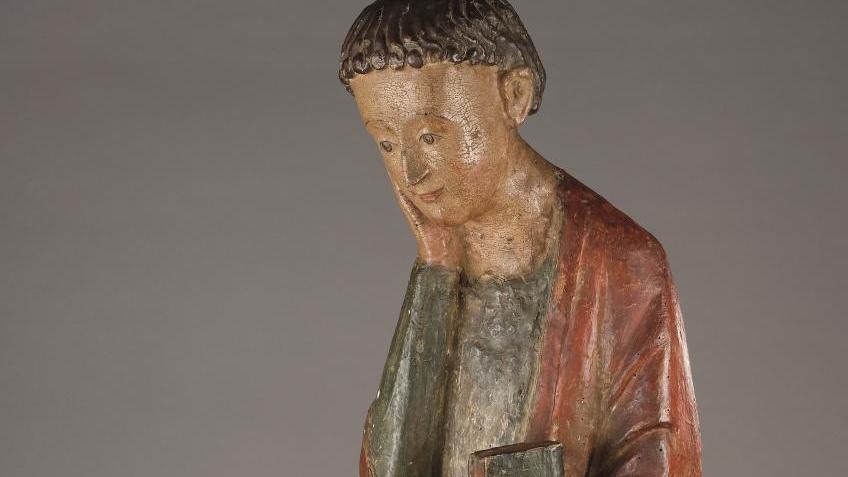Espagne, XIIIe siècle. Saint Jean de calvaire en bois sculpté, marouflé et polychromé,... Haute Époque et statuaire du Gabon