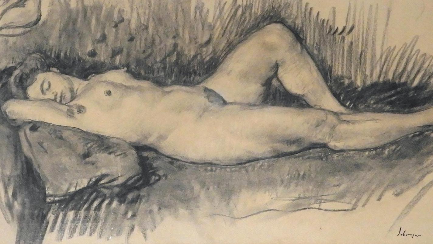 Henri Lebasque (1865-1937), Nu allongé, dessin au crayon noir et à l’estompe, 41 x 62 cm.... Dessin de Lebasque