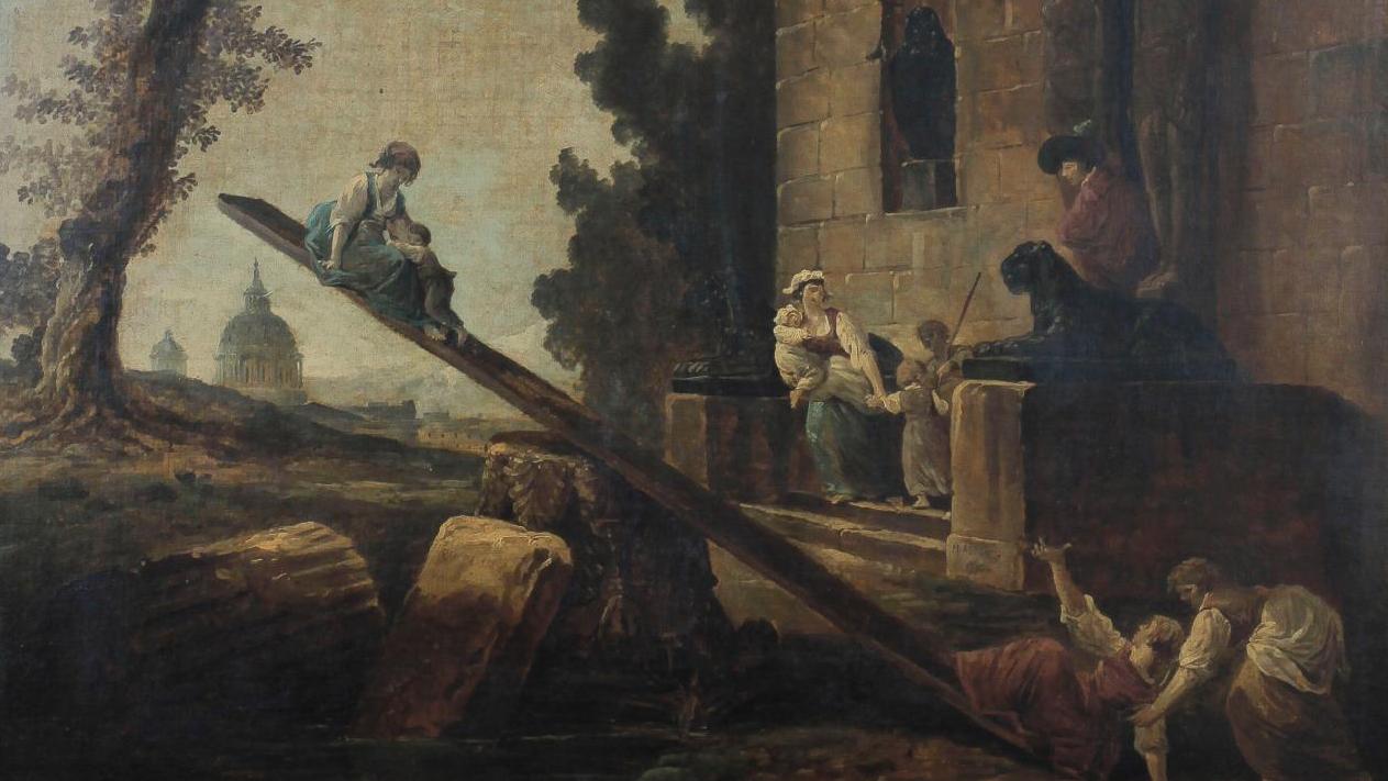Hubert Robert (1733-1808), La Bascule, d’une paire de toiles signées et datées 1796,... Hubert Robert, un rêve d’insouciance