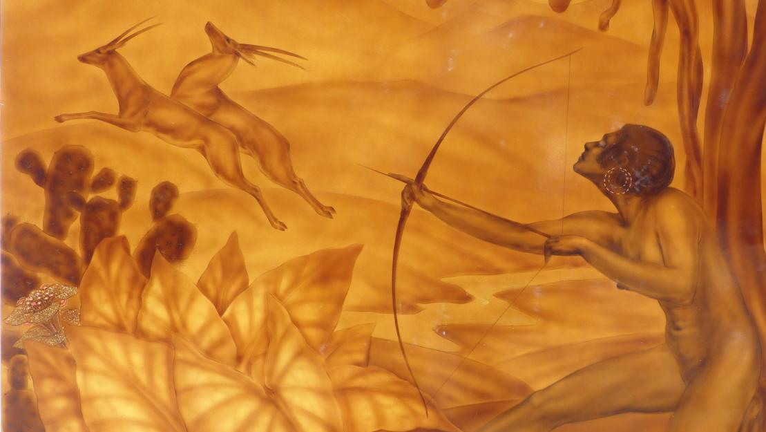 Gaston Suisse (1896-1988), Amazone à l’arc et gazelles, panneau de laque polychrome, fond... La laque art déco selon Gaston Suisse