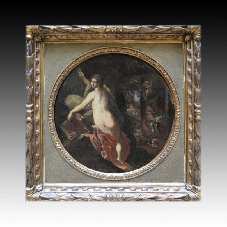 6 323 € Joseph Heintz le Jeune (vers 1600-après 1678), La Magicienne Circé, toile circulaire marouflée sur une toile carrée, 43 x 43 cm. M