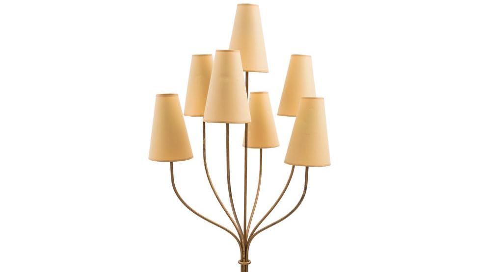 Jean Royère (1902-1981), Persian floor lamp, patinated and gilded metal, ca. 1950,... Appealing Post-war Design