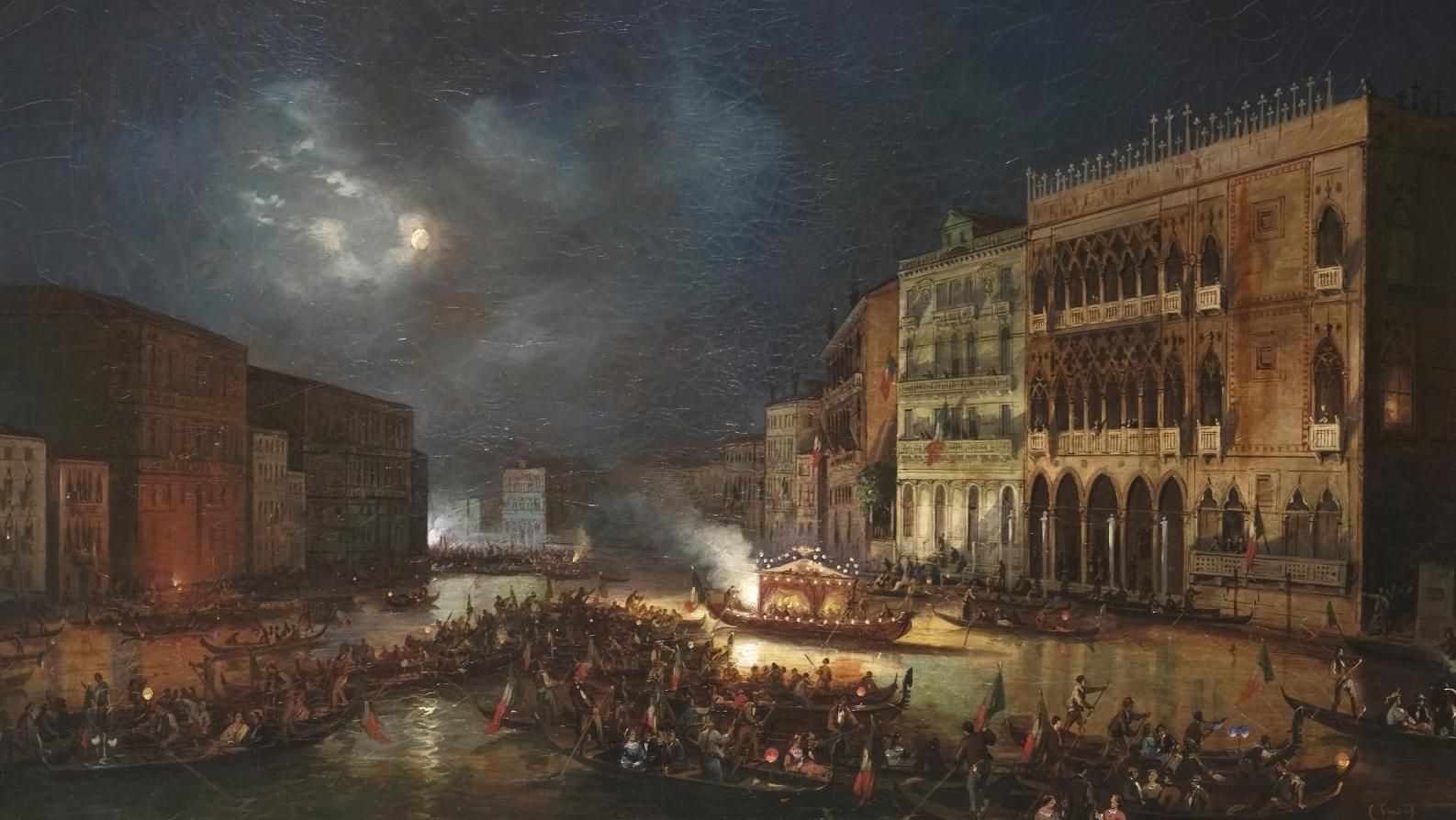 Carlo Grubacs (1802-1870), Fête à Venise au clair de lune après la défaite de Sadowa, huile... Nuit d’ivresse avec Carlo Grubacs