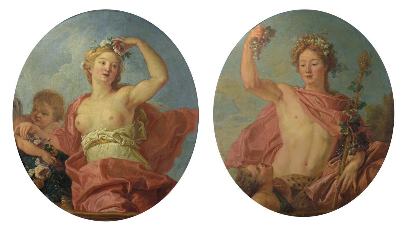 François Marot (1666-1719), Les Quatre saisons, suite de quatre toiles ovales, 110 x 98 cm.... Haute saison pour la peinture
