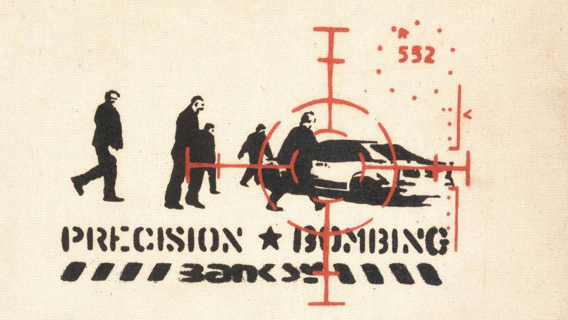 Banksy, Precision Bombing, 2000, peinture aérosol et pochoir sur toile marouflée... Arme de précision