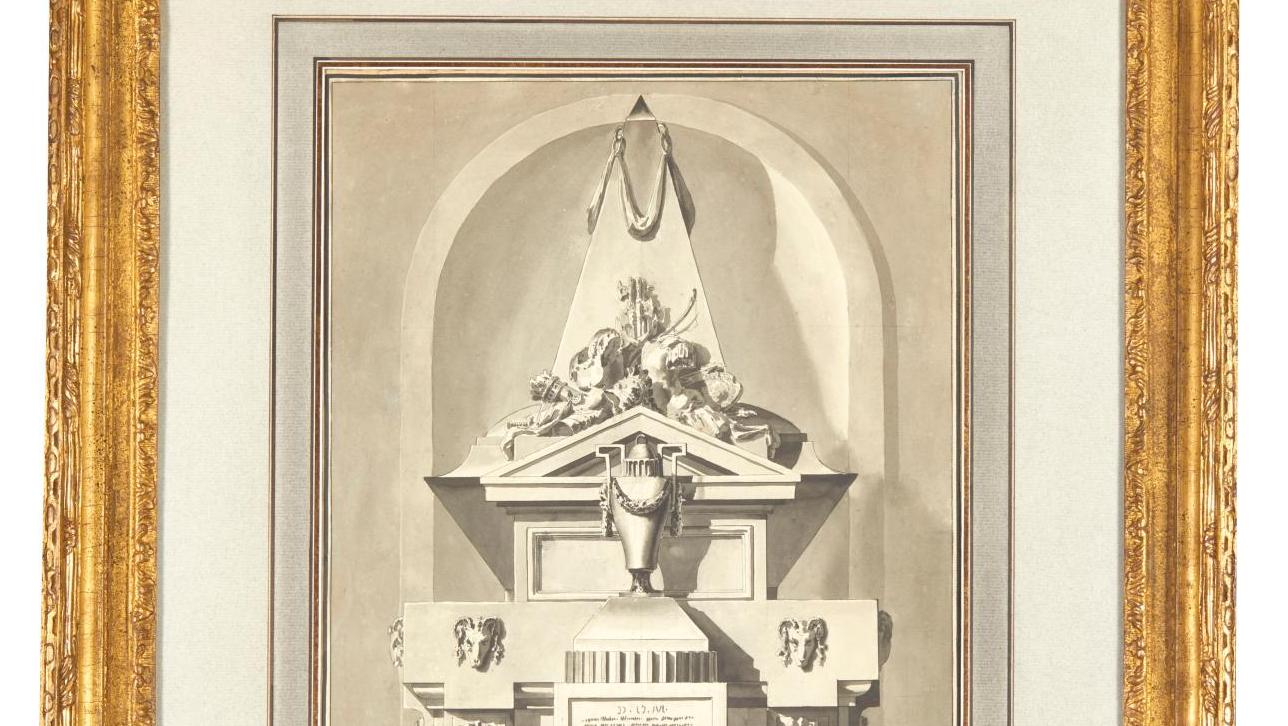 Jean-Charles Delafosse (1734-1791), Projet de mausolée, plume et encre noire, lavis... Succession et préemptions