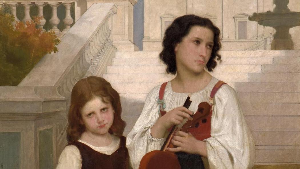 William Adolphe Bouguereau (1825-1905), Loin du pays (réduction), huile sur panneau, 66 x 44,5 cm.... Succès pour l’atelier de William Bouguereau