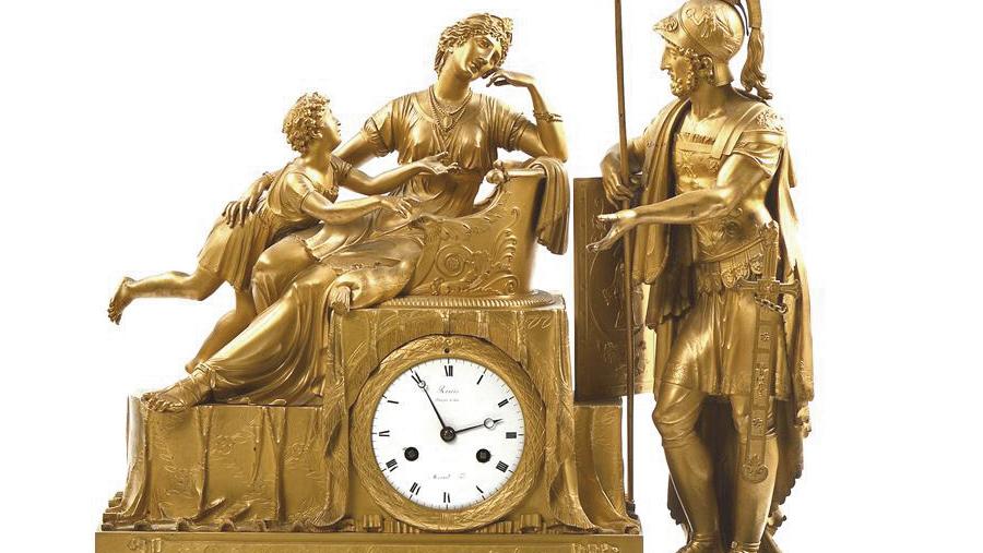 Époque Empire, pendule en bronze doré ornée d’une scène avec Énée racontant la prise... Sans titre
