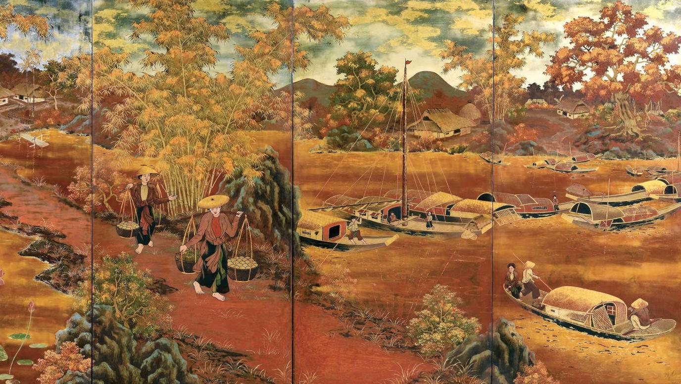 Do Dinh Hiep (1914-1972), Le Fleuve Rouge, paysage du Tonkin, 1951, ensemble de quatre... Do Dinh Diep,lLe long du fleuve Rouge