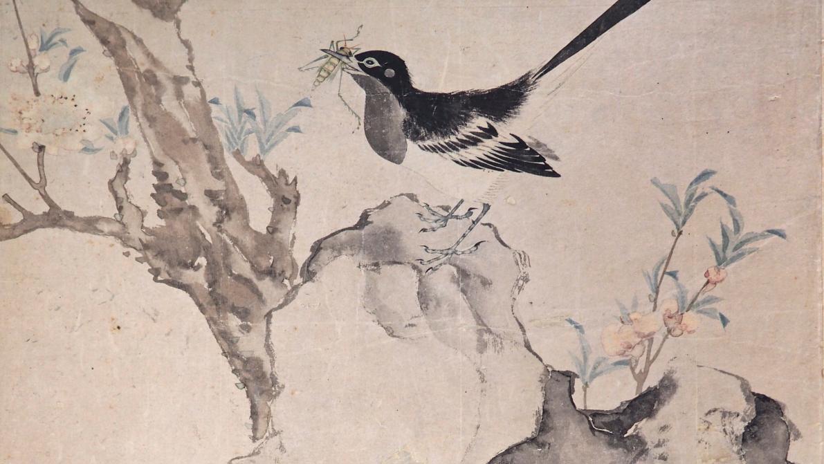 Ju Lian (1828-1904), ensemble de quatre peintures, encre et couleurs sur papier contrecollé,... Des jardins de Ju Lian à la jungle de Gaston Suisse