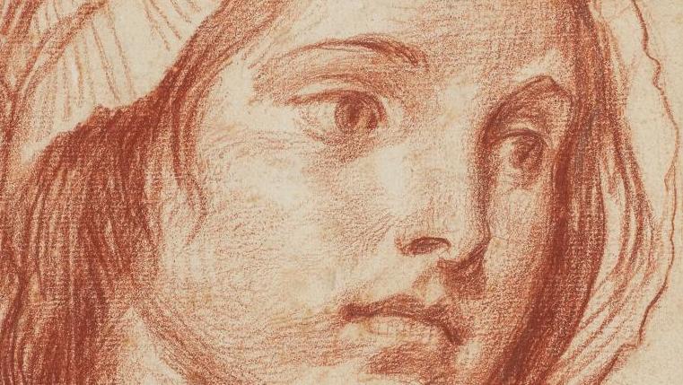 Jean-Baptiste Greuze (1725-1805), Tête de jeune fille pensive tournée vers la droite,... Une tête d’expression de Greuze