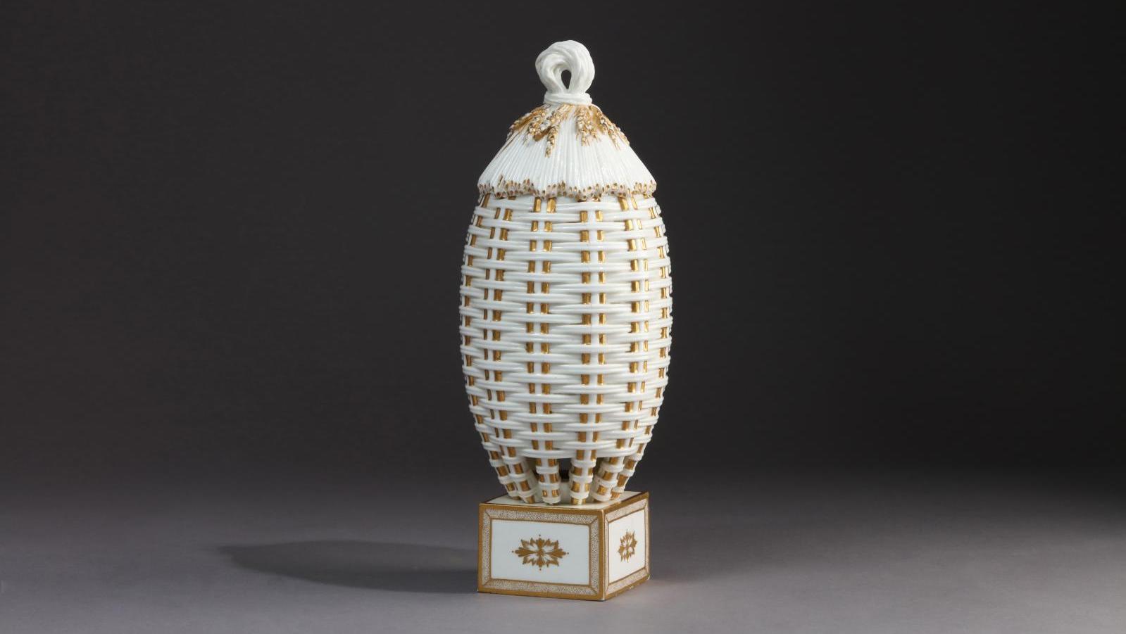 Sèvres, ca. 1770, lidded "ruche" (hive) vase in soft paste with relief woven wickerwork... An Exquisite Honey Pot