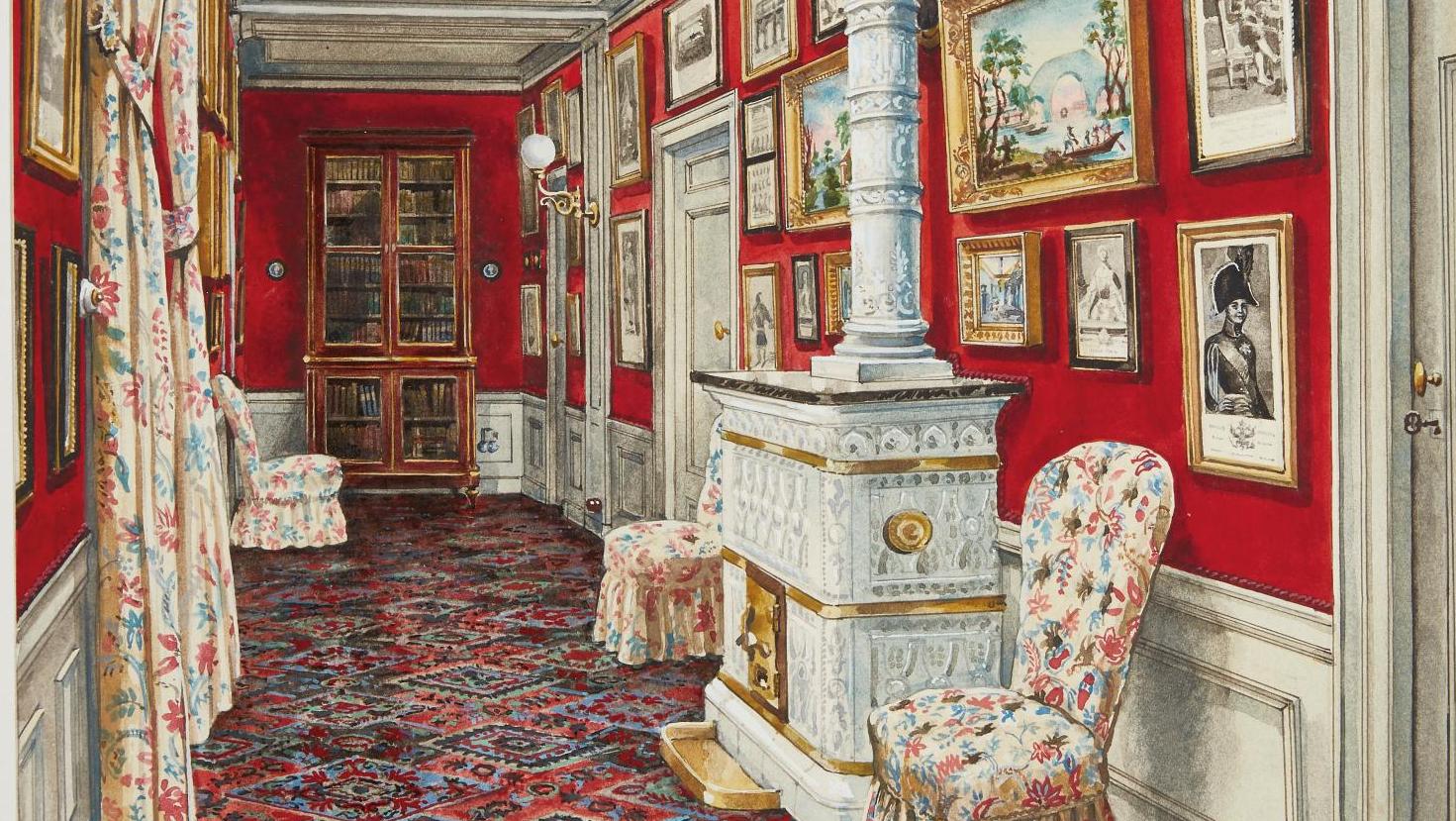 Le couloir du premier étage et le style Beistegui : moquette à motifs, tissu fleuri,... Alexandre Serebriakoff, précieuses aquarelles