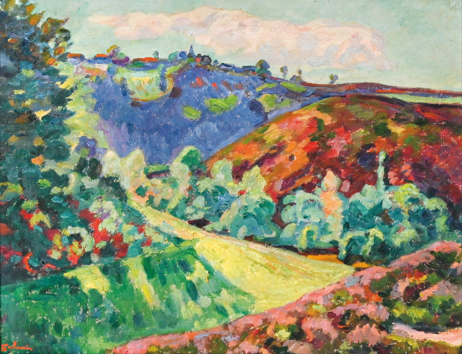 Bleu, vert, jaune ou rouge, les couleurs éclatent dans ce paysage typique daté 1921. 30 000/40 000 € sont à envisager pour cette Vue de Cr